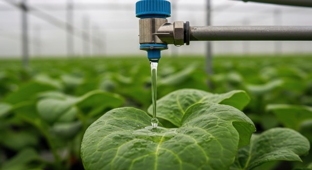 irrigation system water droplet on leaf in greenhouse