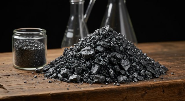 pile of graphite powder with laboratory glassware on wood surface