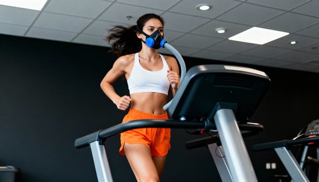 Woman running on a treadmill while wearing a breathing mask in a fitness center