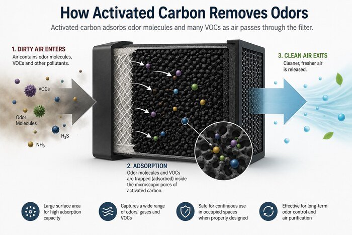 Activated Carbon vs Ozone: Which Is Better for Odor Removal? how an activated carbon filter adsorbs odor molecules, VOCs, and gases from indoor air
