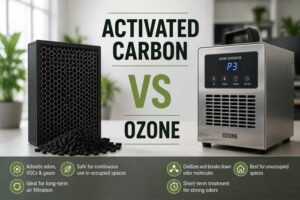 Comparison of an activated carbon air filter and an ozone generator used for odor removal, highlighting the differences between continuous air filtration and ozone treatment.