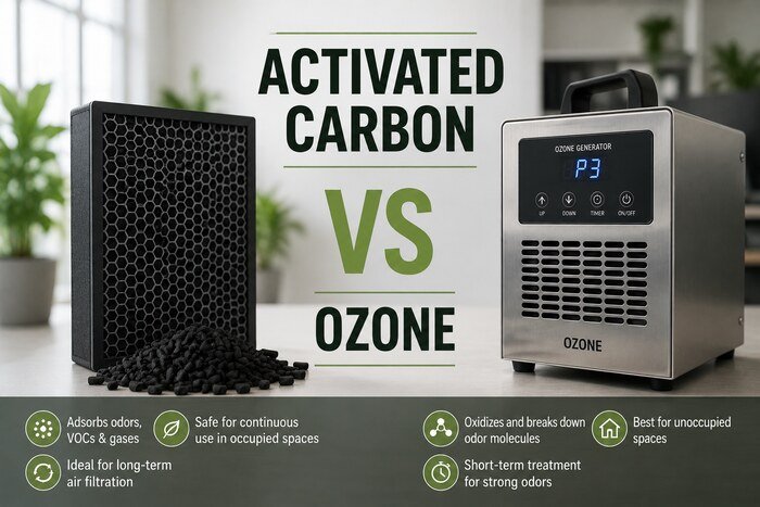 Comparison of an activated carbon air filter and an ozone generator used for odor removal, highlighting the differences between continuous air filtration and ozone treatment.