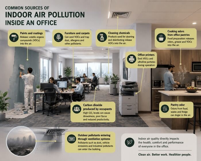 How Clean Indoor Air Improves Employee Productivity and Student Performance Common sources of indoor air pollution inside an office.