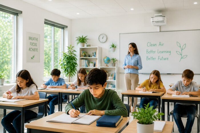 How Clean Indoor Air Improves Employee Productivity and Student Performance Students learning in a classroom with clean indoor air.