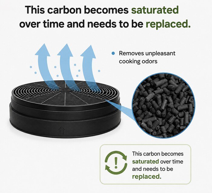 Is Your Kitchen Hood Filter Causing Food Odors ? Activated carbon filter used for cooking odor removal in a kitchen hood