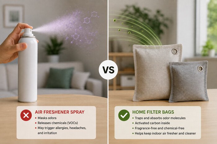 Activated carbon odor filter compared with an air freshener spray.
