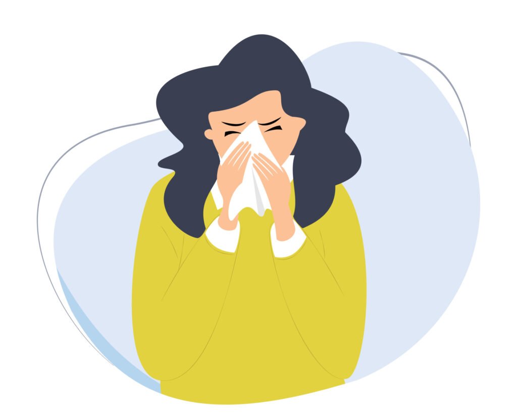 Person experiencing nose and throat irritation after using an air freshener spray indoors