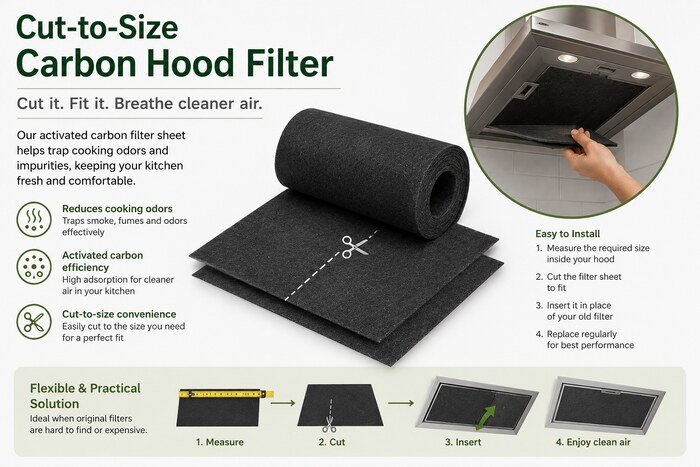 Is Your Kitchen Hood Filter Causing Food Odors ? Cut-to-size activated carbon filter sheet for kitchen hood odor control
