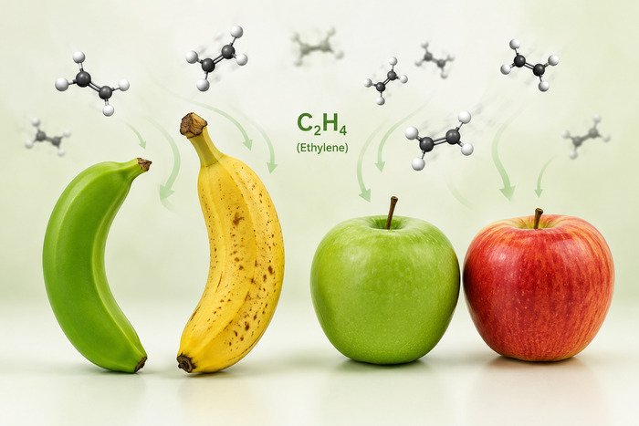 How Ethylene Causes Fruits to Spoil Faster Illustration showing ethylene gas accelerating fruit ripening.