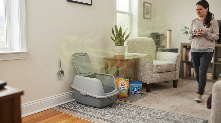 litter tray leaves room smell