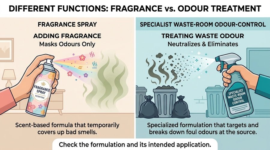 Trash Room Deodorizer vs Air Freshener: What Should Building Managers Choose? Illustration comparing a fragrance spray with a specialist waste-room odour-control product