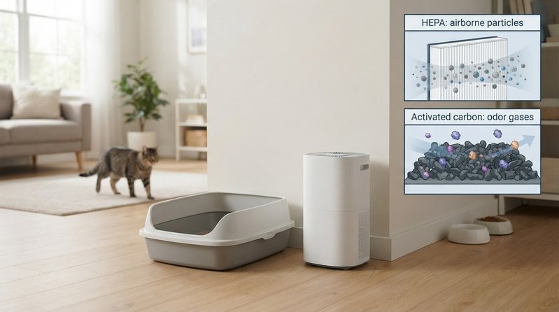 Air purifier near a cat litter tray with illustrations of HEPA and activated carbon filtration