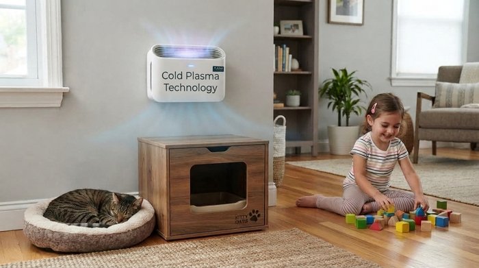 Compact plasma pet odour device in its recommended operating position