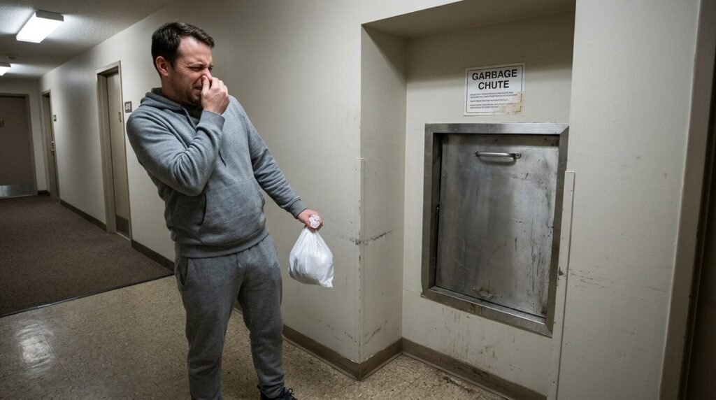Trash Room Deodorizer vs Air Freshener: What Should Building Managers Choose? Resident reacting to an unpleasant smell near a building’s garbage chute