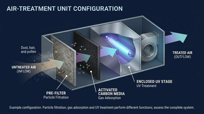 Trash Room Deodorizer vs Air Freshener: What Should Building Managers Choose? Diagram showing a pre-filter, activated carbon media and an enclosed UV stage inside an air-treatment unit