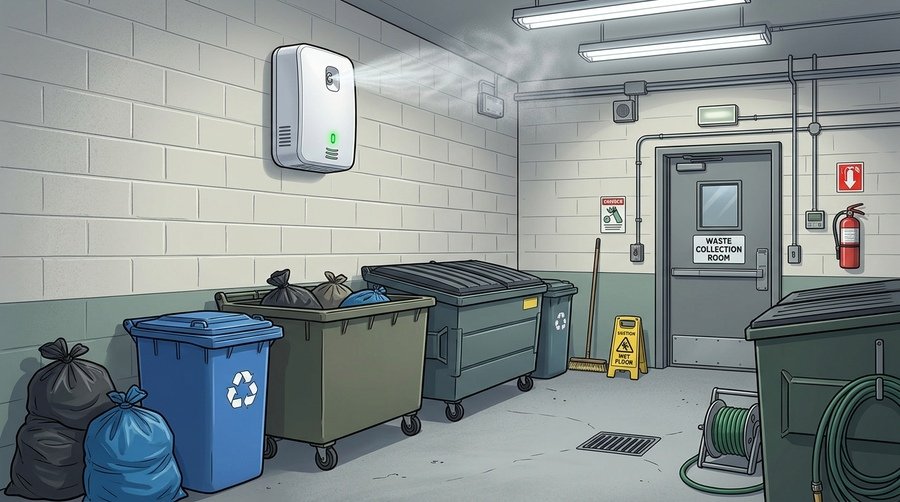 Trash Room Deodorizer vs Air Freshener: What Should Building Managers Choose? Illustration of a wall-mounted automatic odour-control diffuser in a waste collection room