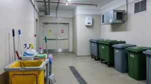 Waste collection room with closed bins, a cleaning trolley and wall-mounted equipment