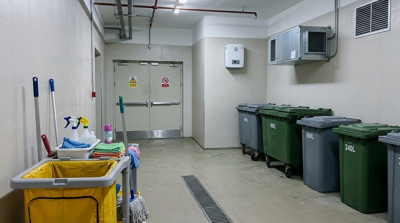 Waste collection room with closed bins, a cleaning trolley and wall-mounted equipment